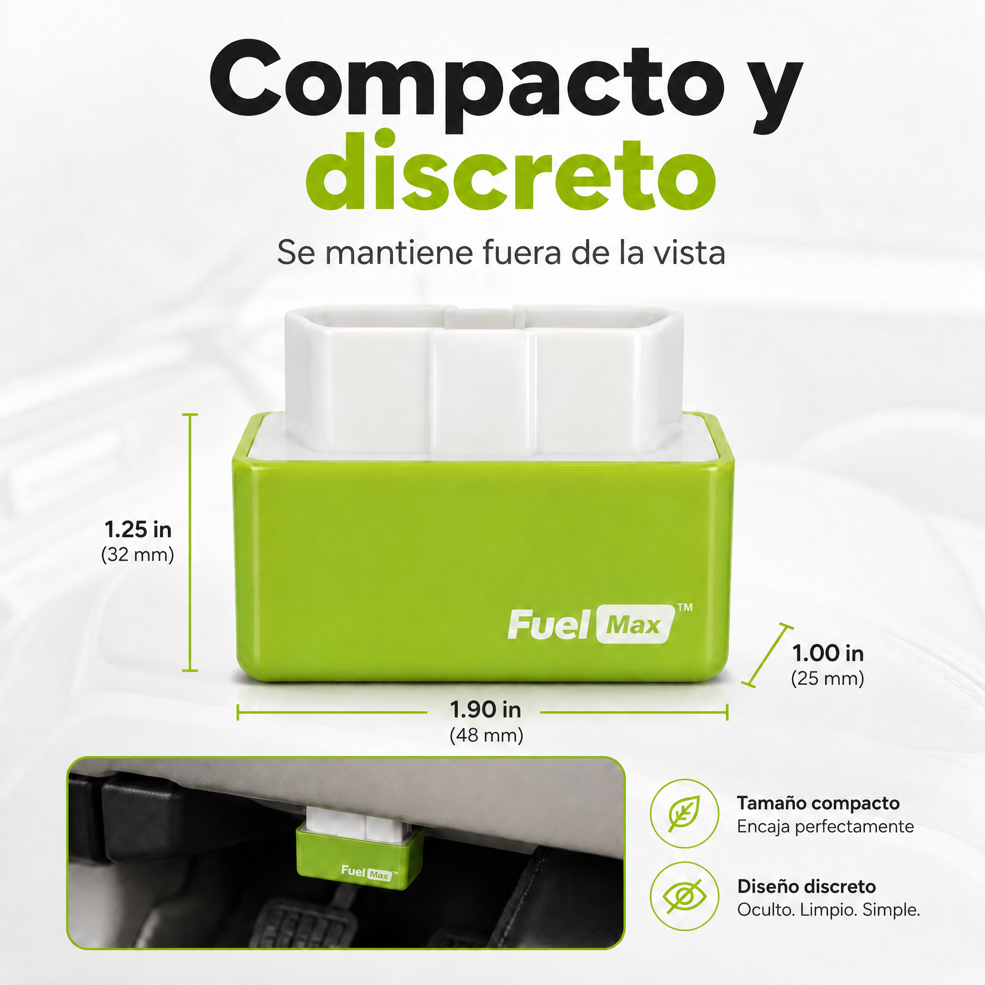 Diseño compacto y discreto de Fuel Max con dimensiones