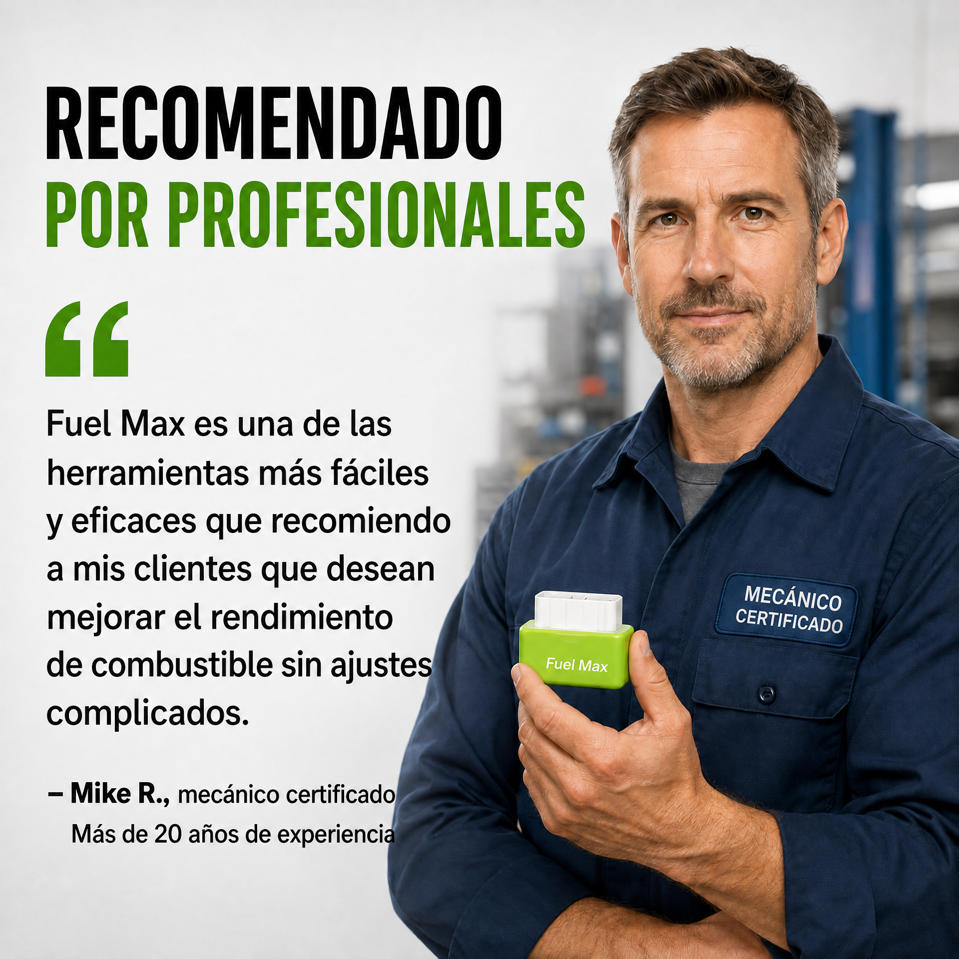 Mecánico certificado sosteniendo un dispositivo Fuel Max